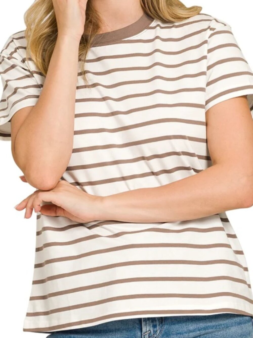 Brown Striped Crew Neck Tee - Zenana - Size small